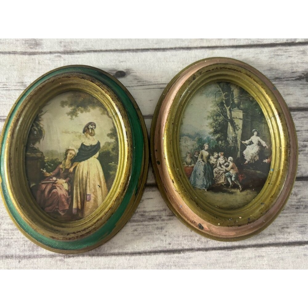 VTG Pair Italian Art Print Oval Frame Action Pink Green Handcraft Italy Florence